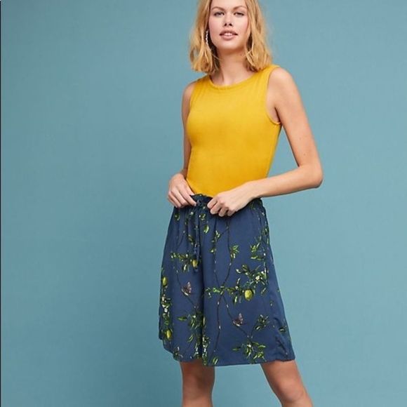 Anthropologie S Oversized Lemon Fruit Print Bermuda Shorts Elastic Waist Boho - Picture 1 of 8